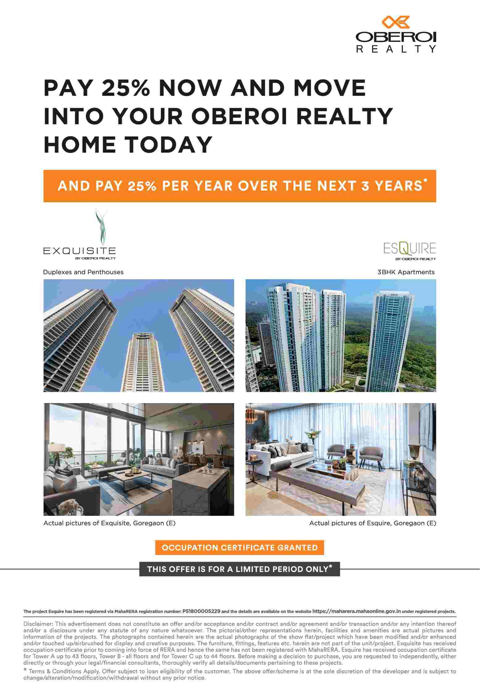 Pay 25% now and move into your Oberoi Realty home today in Mumbai